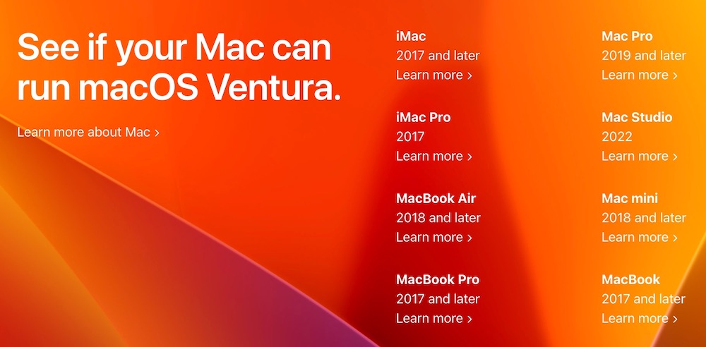 Поддерживаемые устройства macOS Ventura